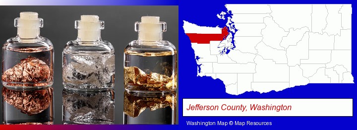 gold, silver, and copper nuggets; Jefferson County, Washington highlighted in red on a map