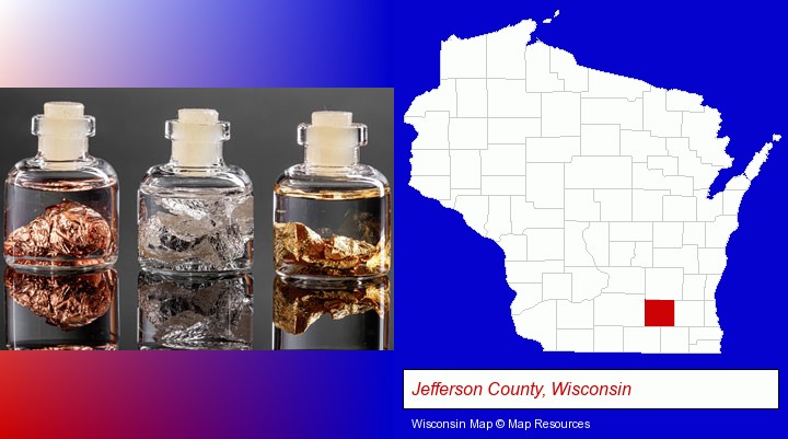 gold, silver, and copper nuggets; Jefferson County, Wisconsin highlighted in red on a map