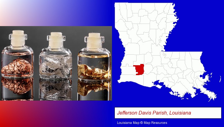 gold, silver, and copper nuggets; Jefferson Davis Parish, Louisiana highlighted in red on a map