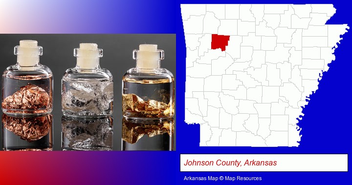 gold, silver, and copper nuggets; Johnson County, Arkansas highlighted in red on a map