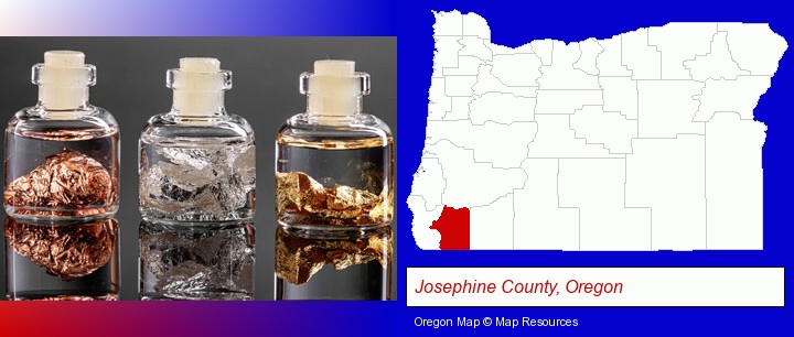 gold, silver, and copper nuggets; Josephine County, Oregon highlighted in red on a map