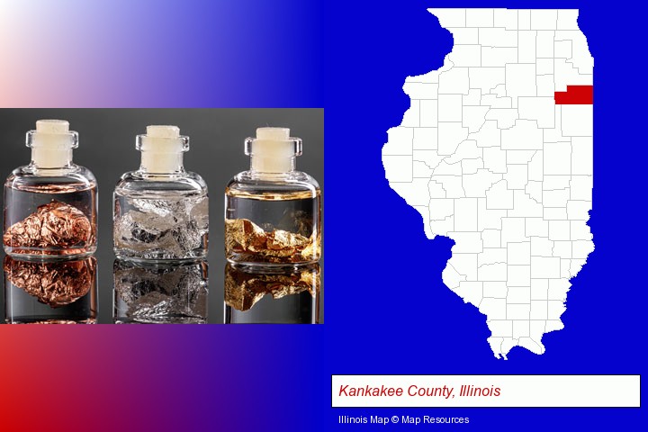 gold, silver, and copper nuggets; Kankakee County, Illinois highlighted in red on a map