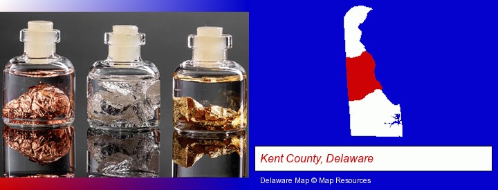 gold, silver, and copper nuggets; Kent County, Delaware highlighted in red on a map