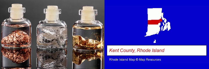 gold, silver, and copper nuggets; Kent County, Rhode Island highlighted in red on a map