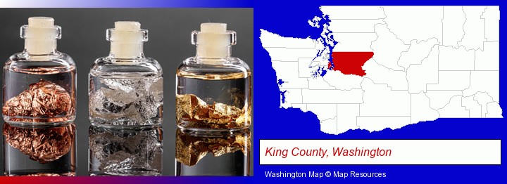 gold, silver, and copper nuggets; King County, Washington highlighted in red on a map