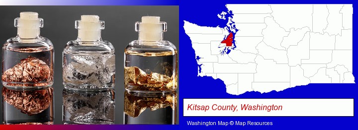gold, silver, and copper nuggets; Kitsap County, Washington highlighted in red on a map