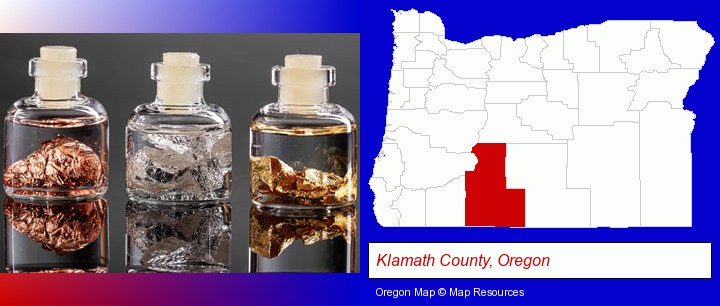 gold, silver, and copper nuggets; Klamath County, Oregon highlighted in red on a map