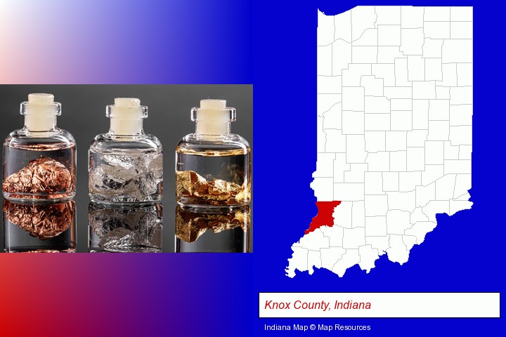 gold, silver, and copper nuggets; Knox County, Indiana highlighted in red on a map