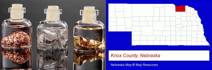 gold, silver, and copper nuggets; Knox County, Nebraska highlighted in red on a map