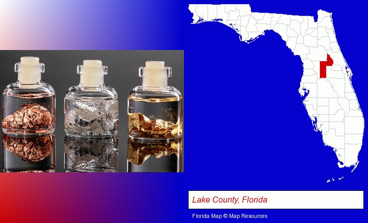 gold, silver, and copper nuggets; Lake County, Florida highlighted in red on a map