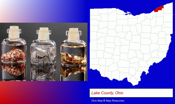 gold, silver, and copper nuggets; Lake County, Ohio highlighted in red on a map