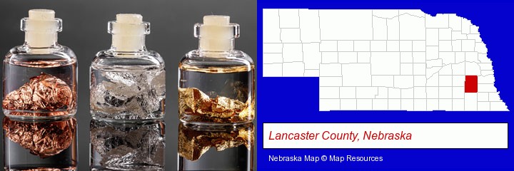 gold, silver, and copper nuggets; Lancaster County, Nebraska highlighted in red on a map