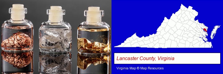 gold, silver, and copper nuggets; Lancaster County, Virginia highlighted in red on a map