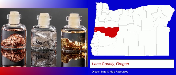 gold, silver, and copper nuggets; Lane County, Oregon highlighted in red on a map
