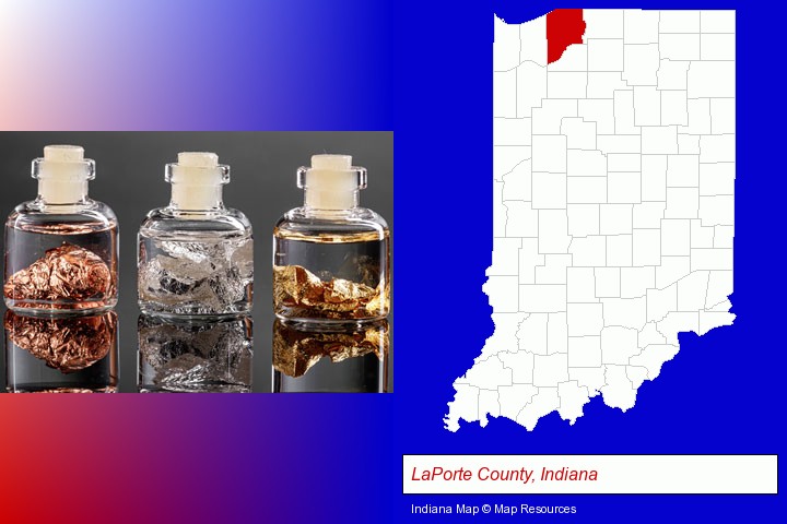 gold, silver, and copper nuggets; LaPorte County, Indiana highlighted in red on a map