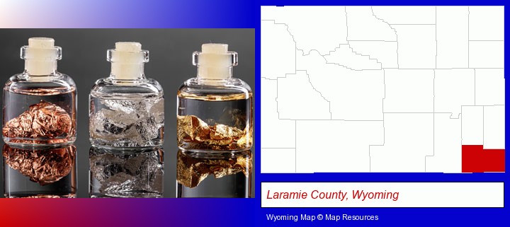 gold, silver, and copper nuggets; Laramie County, Wyoming highlighted in red on a map
