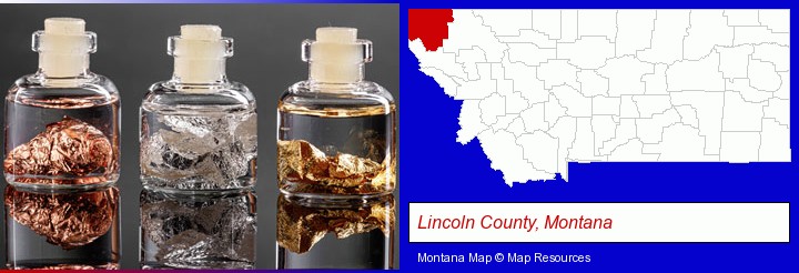 gold, silver, and copper nuggets; Lincoln County, Montana highlighted in red on a map