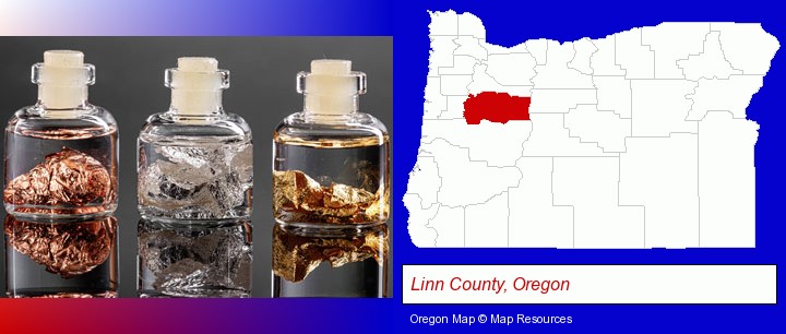 gold, silver, and copper nuggets; Linn County, Oregon highlighted in red on a map