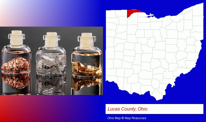 gold, silver, and copper nuggets; Lucas County, Ohio highlighted in red on a map