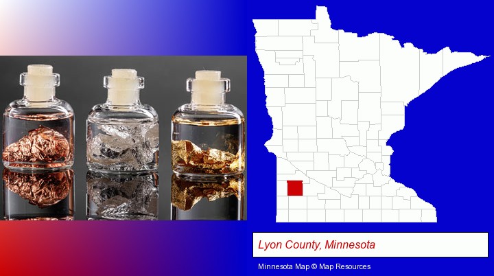 gold, silver, and copper nuggets; Lyon County, Minnesota highlighted in red on a map