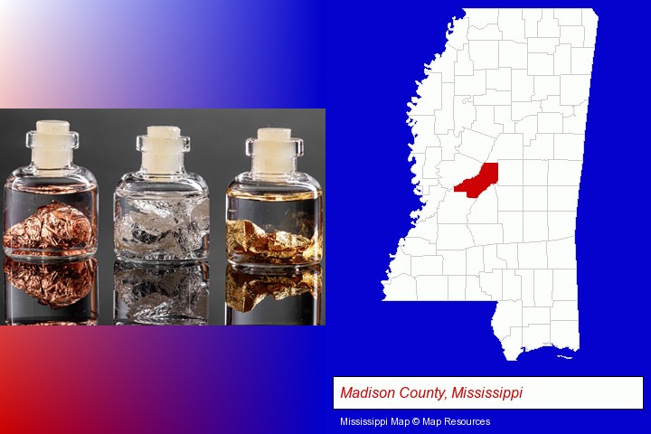 gold, silver, and copper nuggets; Madison County, Mississippi highlighted in red on a map