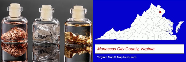 gold, silver, and copper nuggets; Manassas City County, Virginia highlighted in red on a map