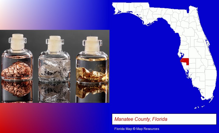 gold, silver, and copper nuggets; Manatee County, Florida highlighted in red on a map