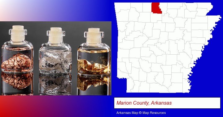 gold, silver, and copper nuggets; Marion County, Arkansas highlighted in red on a map
