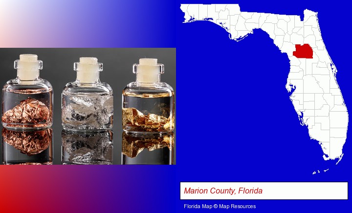 gold, silver, and copper nuggets; Marion County, Florida highlighted in red on a map