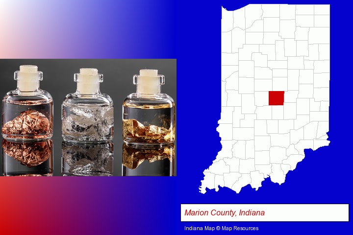 gold, silver, and copper nuggets; Marion County, Indiana highlighted in red on a map