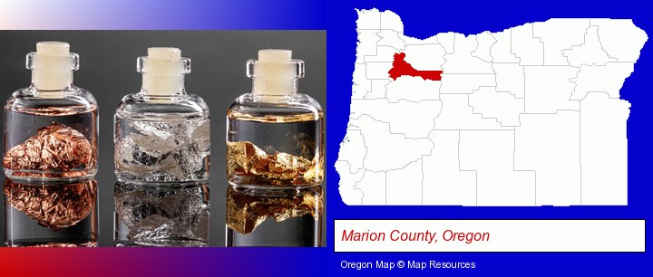 gold, silver, and copper nuggets; Marion County, Oregon highlighted in red on a map