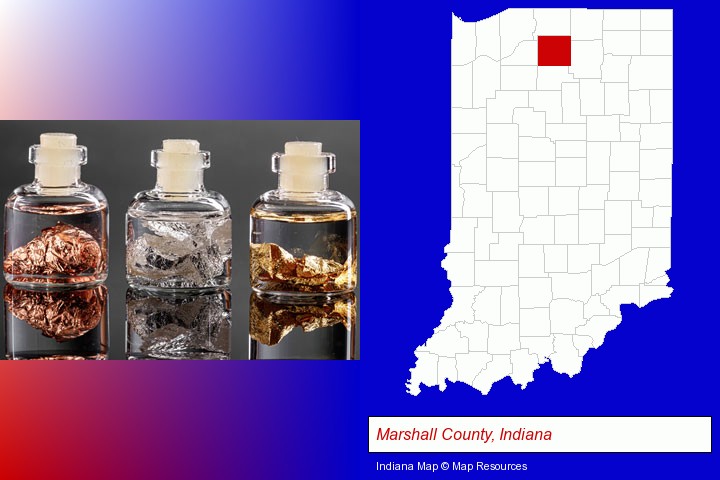 gold, silver, and copper nuggets; Marshall County, Indiana highlighted in red on a map