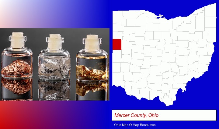gold, silver, and copper nuggets; Mercer County, Ohio highlighted in red on a map