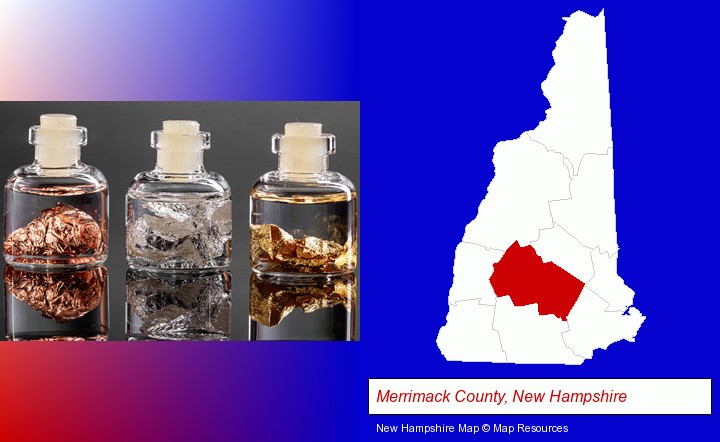 gold, silver, and copper nuggets; Merrimack County, New Hampshire highlighted in red on a map