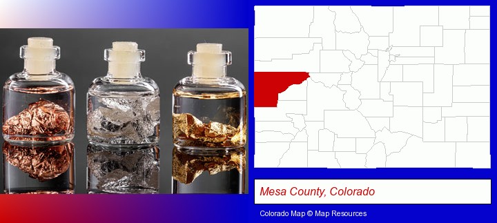 gold, silver, and copper nuggets; Mesa County, Colorado highlighted in red on a map
