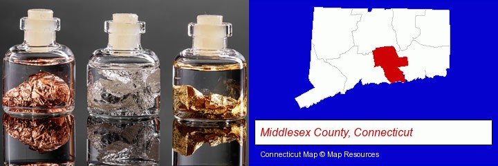 gold, silver, and copper nuggets; Middlesex County, Connecticut highlighted in red on a map