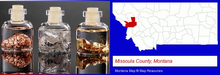 gold, silver, and copper nuggets; Missoula County, Montana highlighted in red on a map