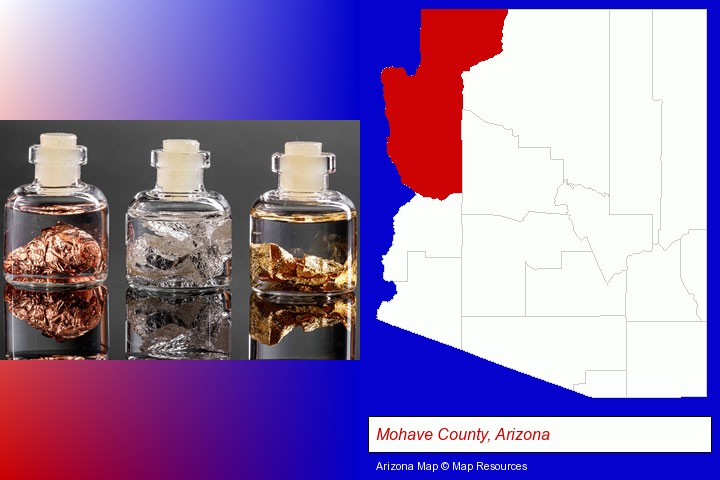 gold, silver, and copper nuggets; Mohave County, Arizona highlighted in red on a map