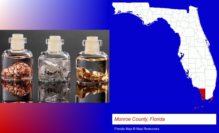 gold, silver, and copper nuggets; Monroe County, Florida highlighted in red on a map