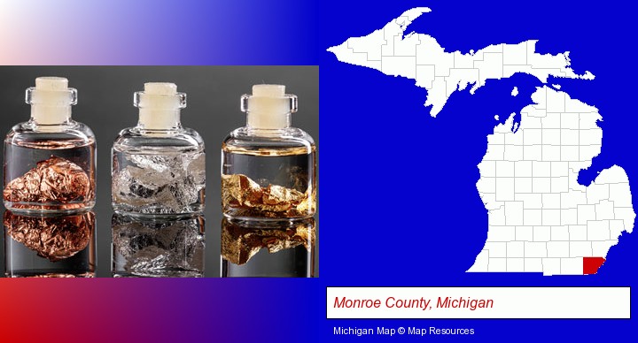 gold, silver, and copper nuggets; Monroe County, Michigan highlighted in red on a map