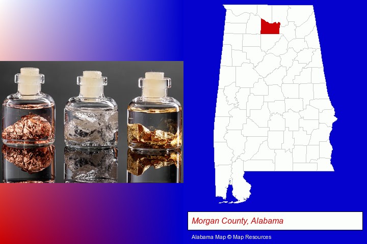 gold, silver, and copper nuggets; Morgan County, Alabama highlighted in red on a map