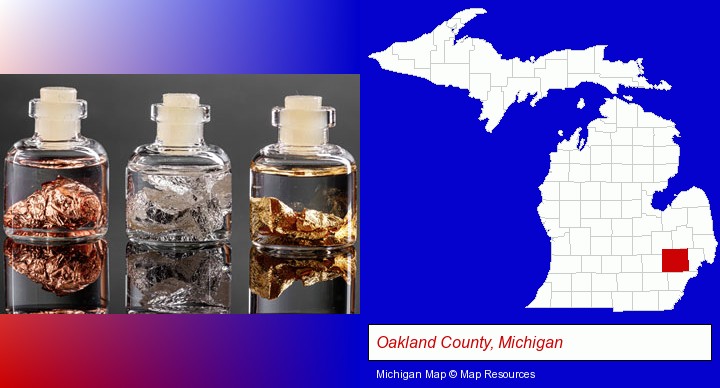 gold, silver, and copper nuggets; Oakland County, Michigan highlighted in red on a map