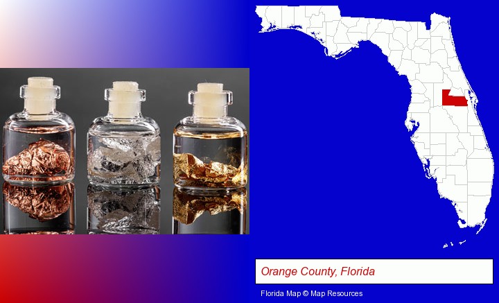 gold, silver, and copper nuggets; Orange County, Florida highlighted in red on a map