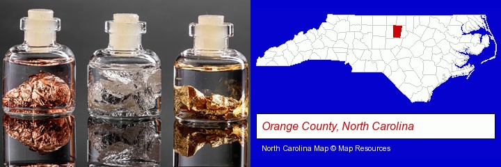 gold, silver, and copper nuggets; Orange County, North Carolina highlighted in red on a map