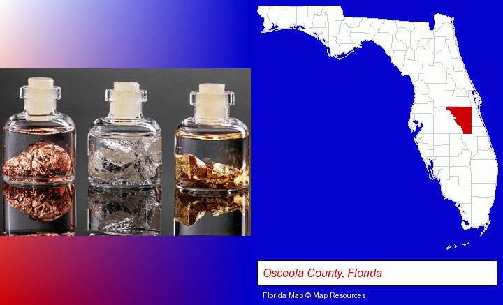 gold, silver, and copper nuggets; Osceola County, Florida highlighted in red on a map