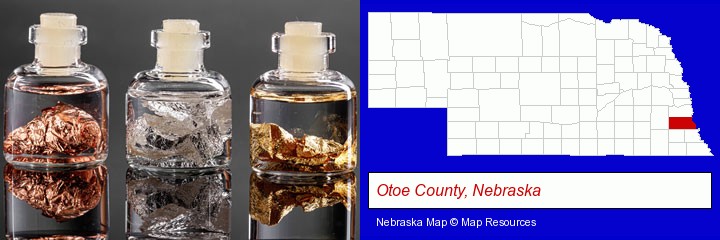 gold, silver, and copper nuggets; Otoe County, Nebraska highlighted in red on a map