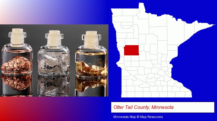 gold, silver, and copper nuggets; Otter Tail County, Minnesota highlighted in red on a map