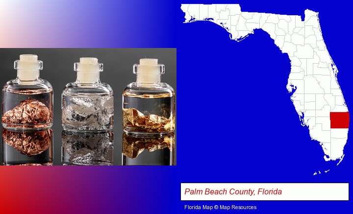 gold, silver, and copper nuggets; Palm Beach County, Florida highlighted in red on a map