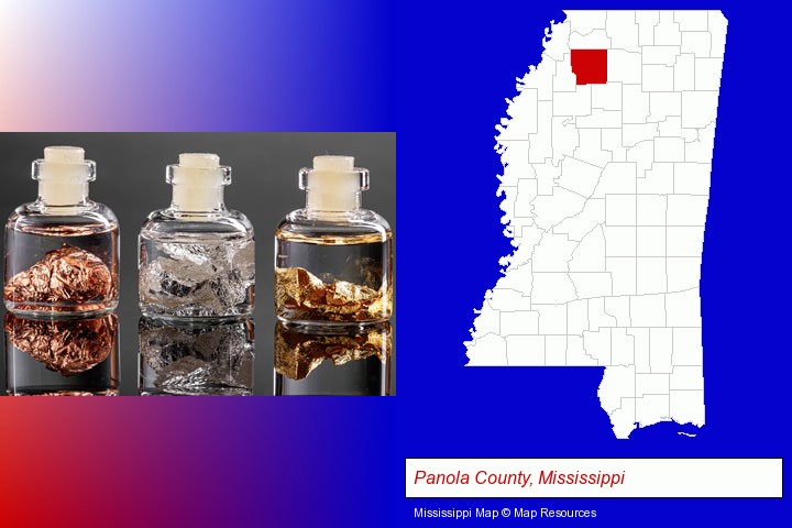 gold, silver, and copper nuggets; Panola County, Mississippi highlighted in red on a map