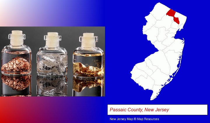 gold, silver, and copper nuggets; Passaic County, New Jersey highlighted in red on a map